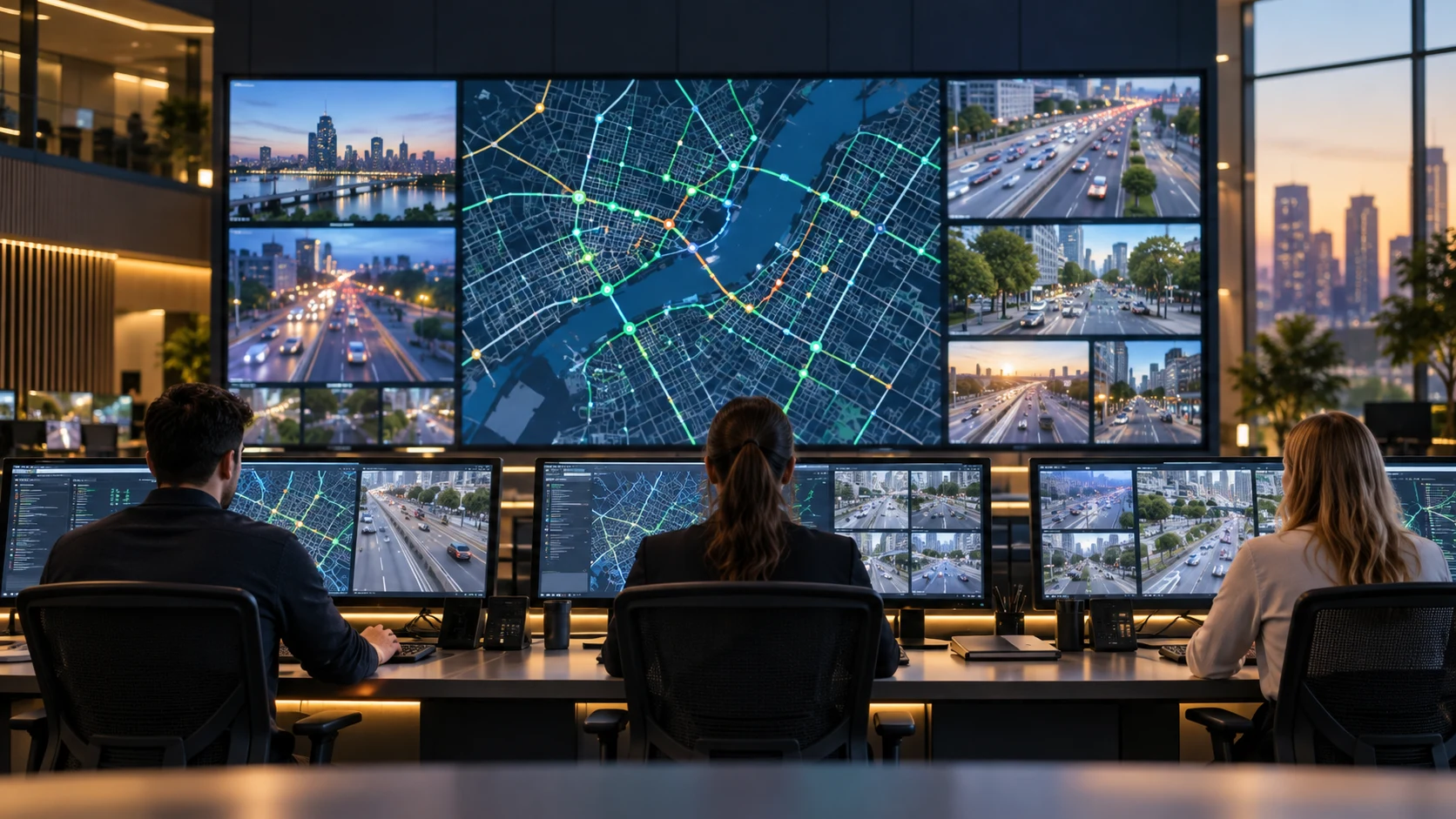 Vista conceptual de un centro de operación con información urbana compartida
