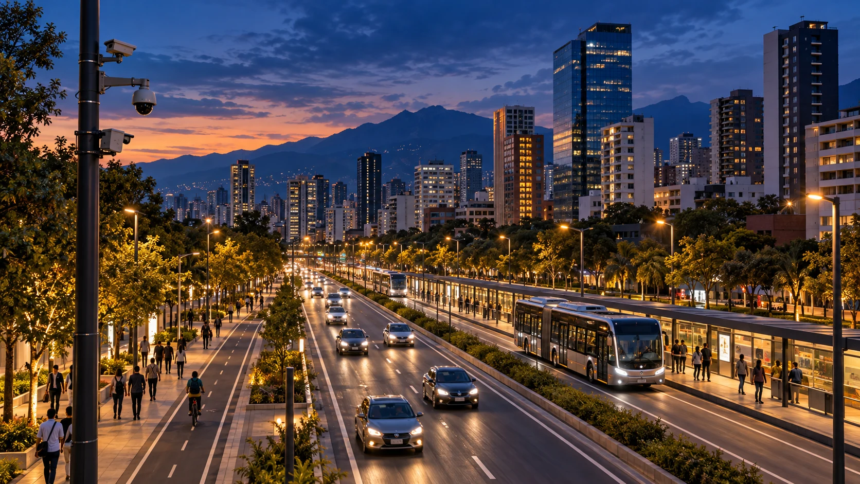 Vista conceptual de un corredor urbano y su entorno al anochecer