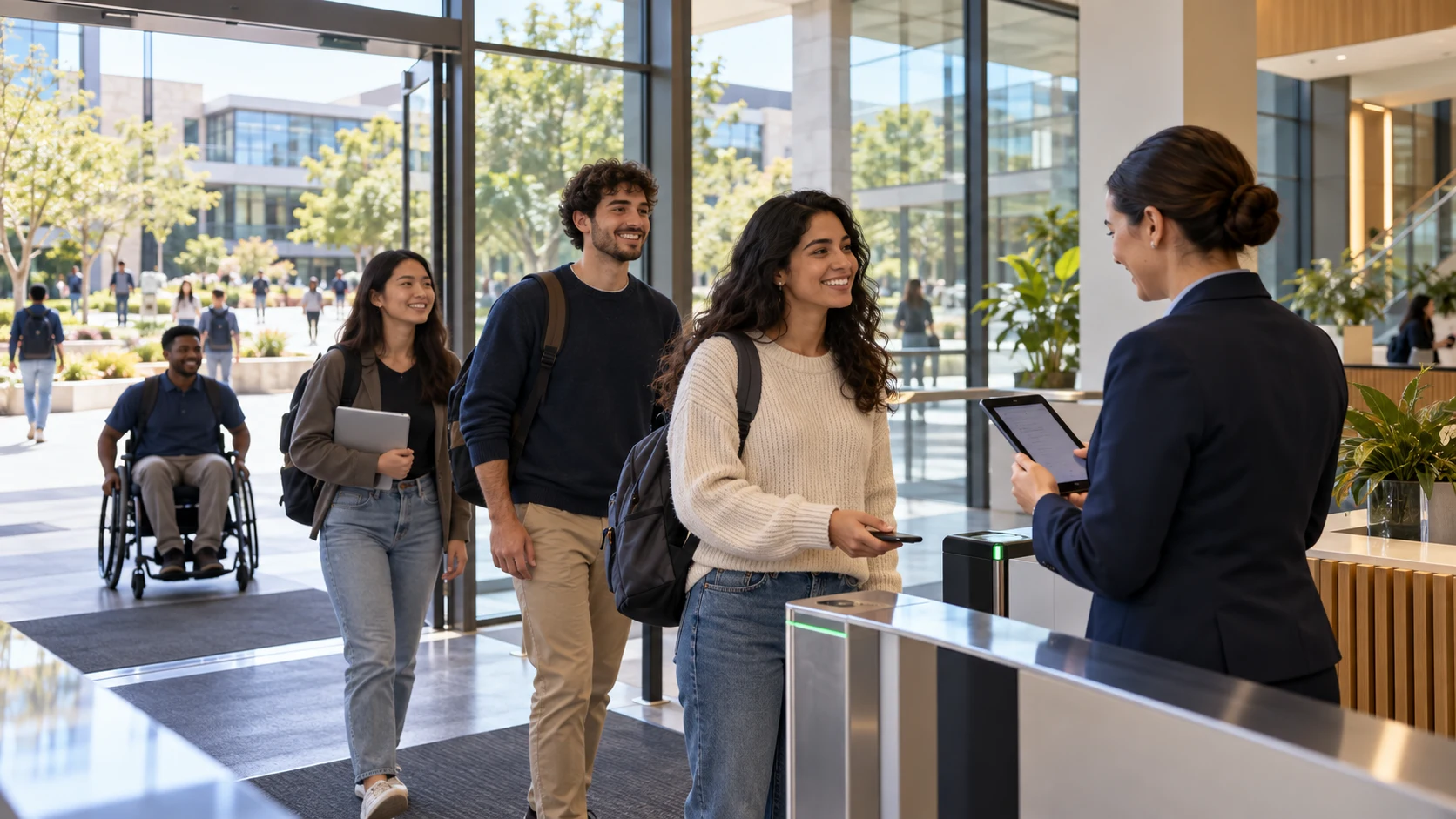 Escena conceptual de recepción y verificación de accesos en una universidad