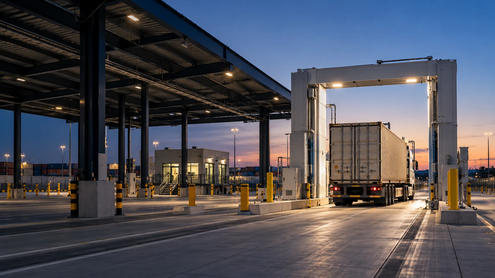 Escena conceptual de un carril de inspección de carga y vehículos en una terminal logística