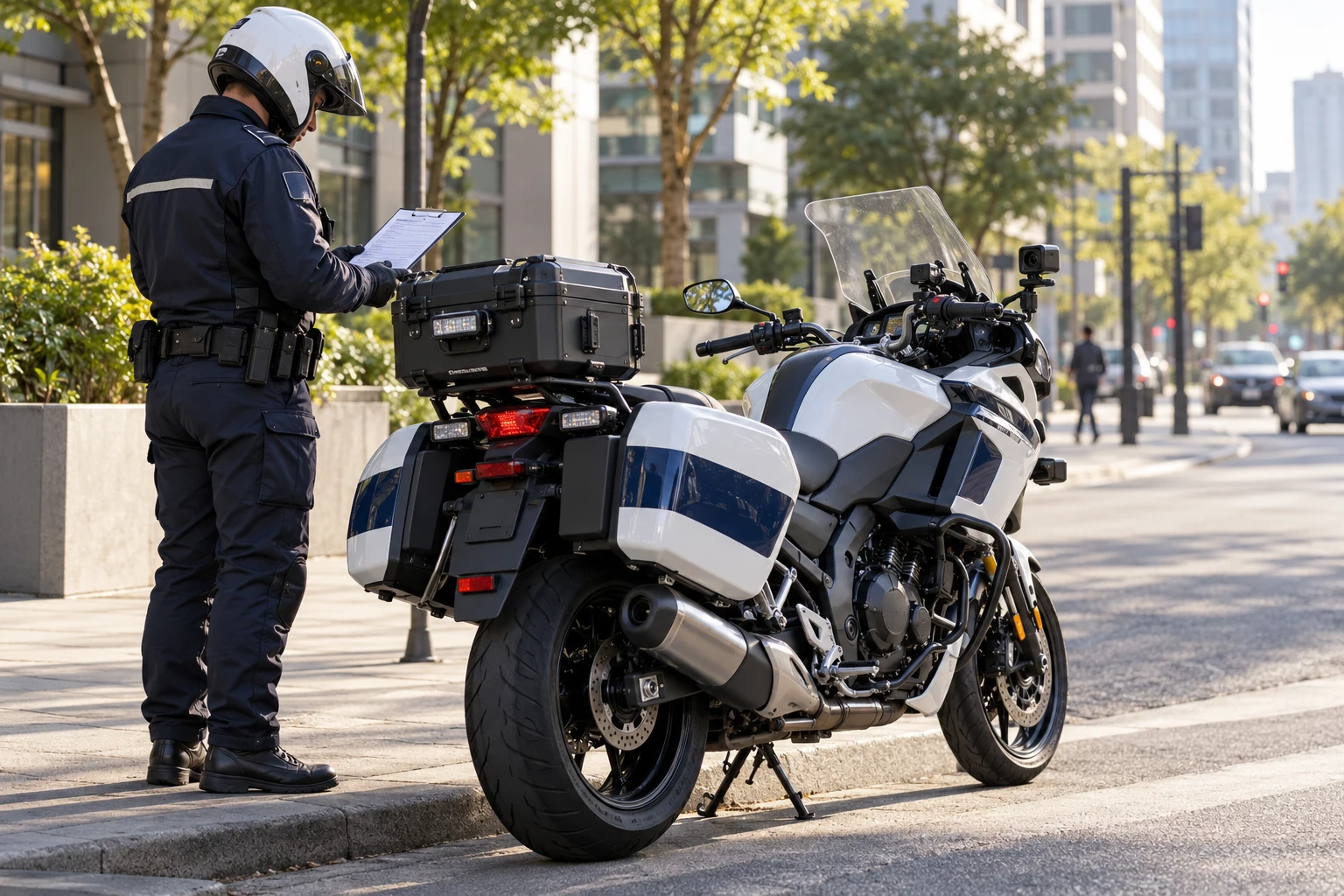 Escena conceptual de evaluación técnica de una motocicleta de patrullaje