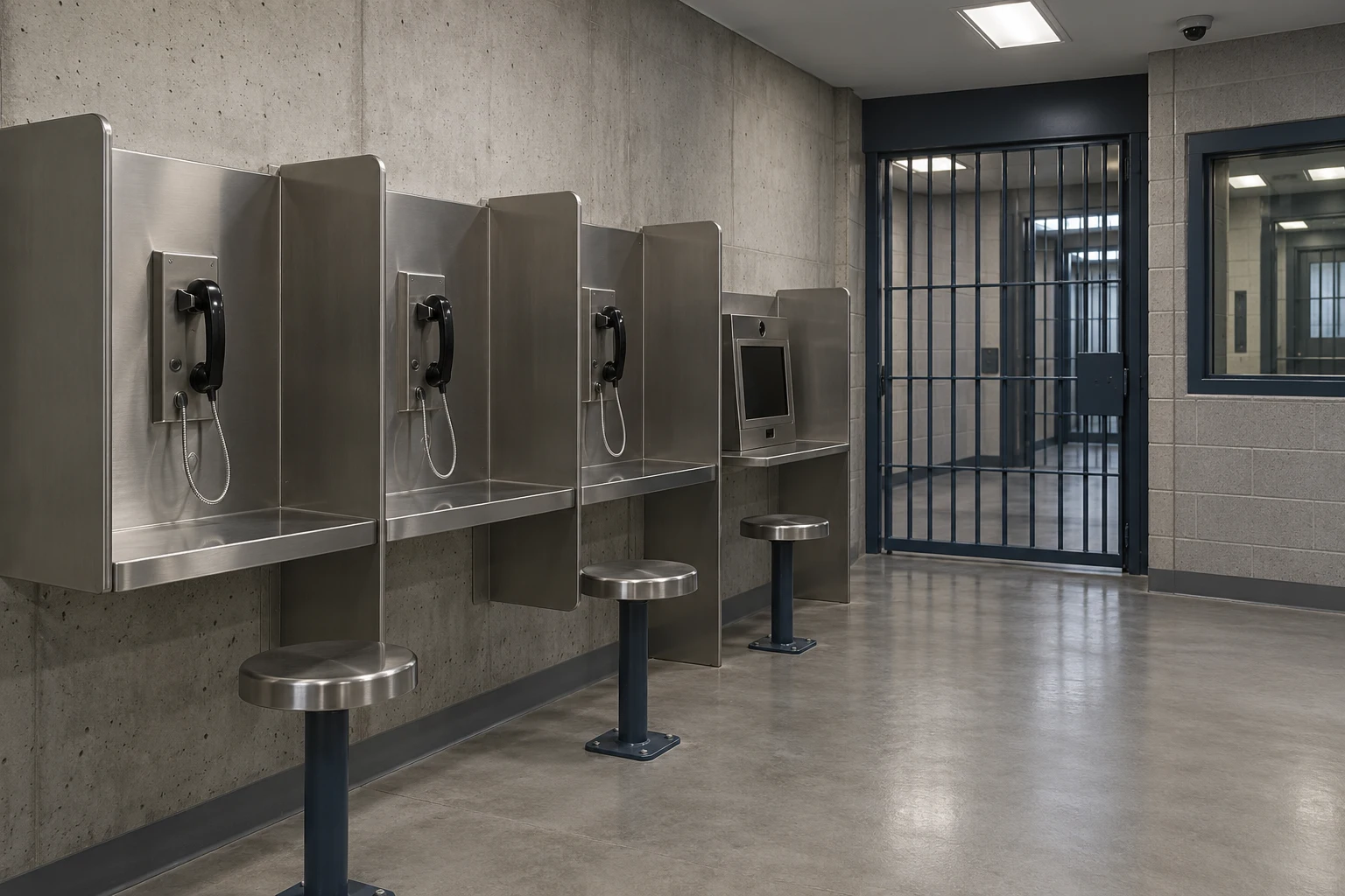 Escena conceptual de una sala penitenciaria de telefonía y videollamadas autorizadas