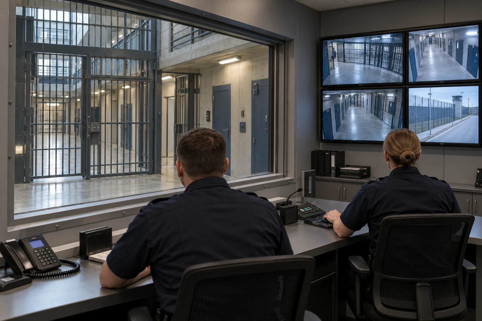 Escena conceptual de coordinación por operadores en un centro de control penitenciario