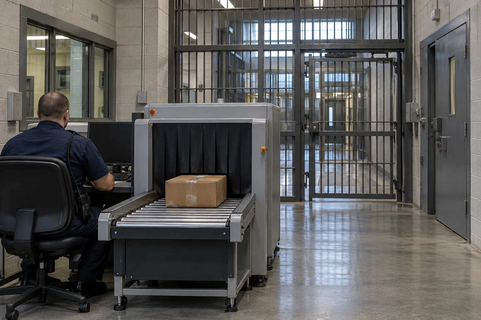 Escena conceptual de inspección de paquetes y suministros dentro de un control penitenciario