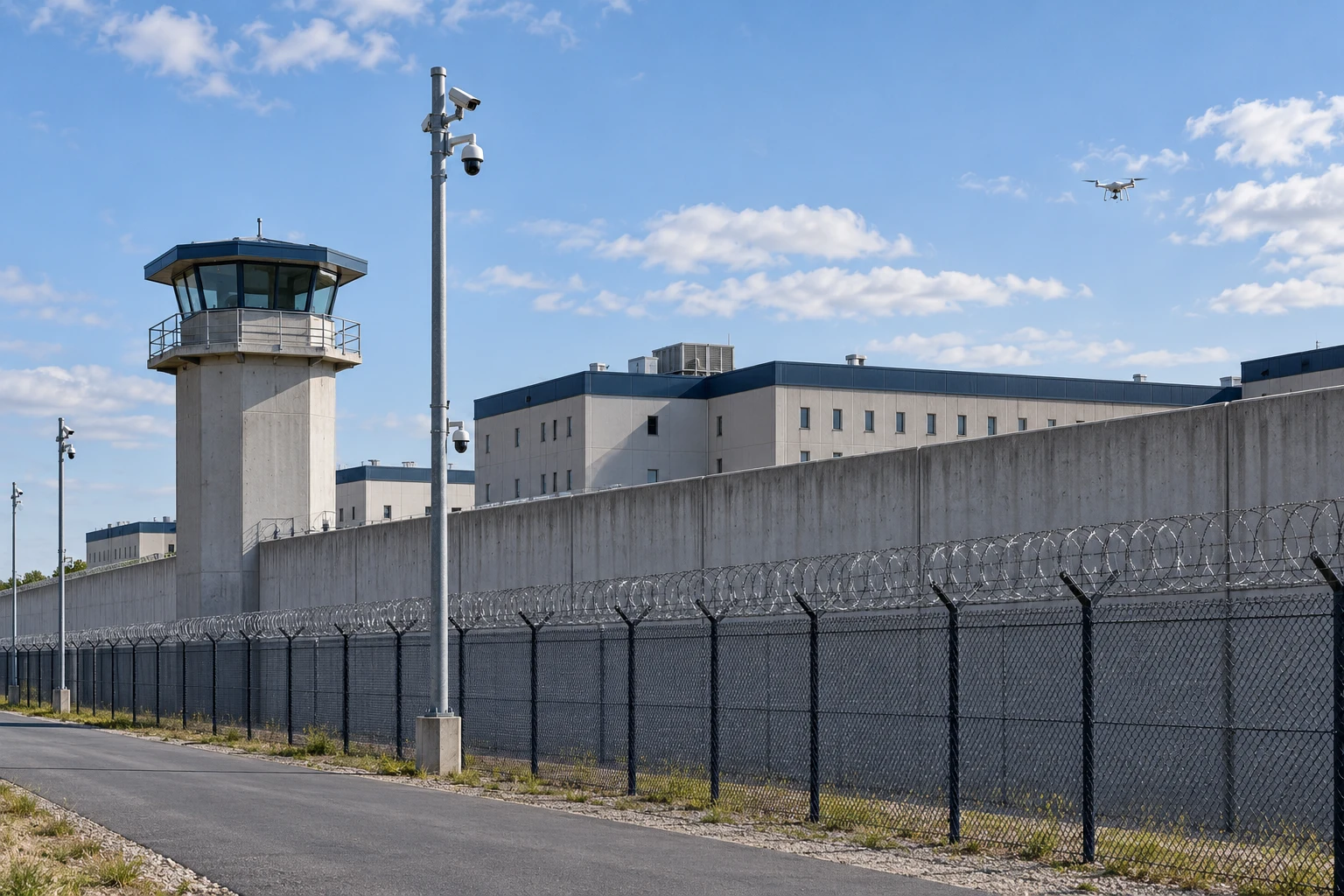 Escena conceptual de un perímetro penitenciario y evaluación de riesgos aéreos