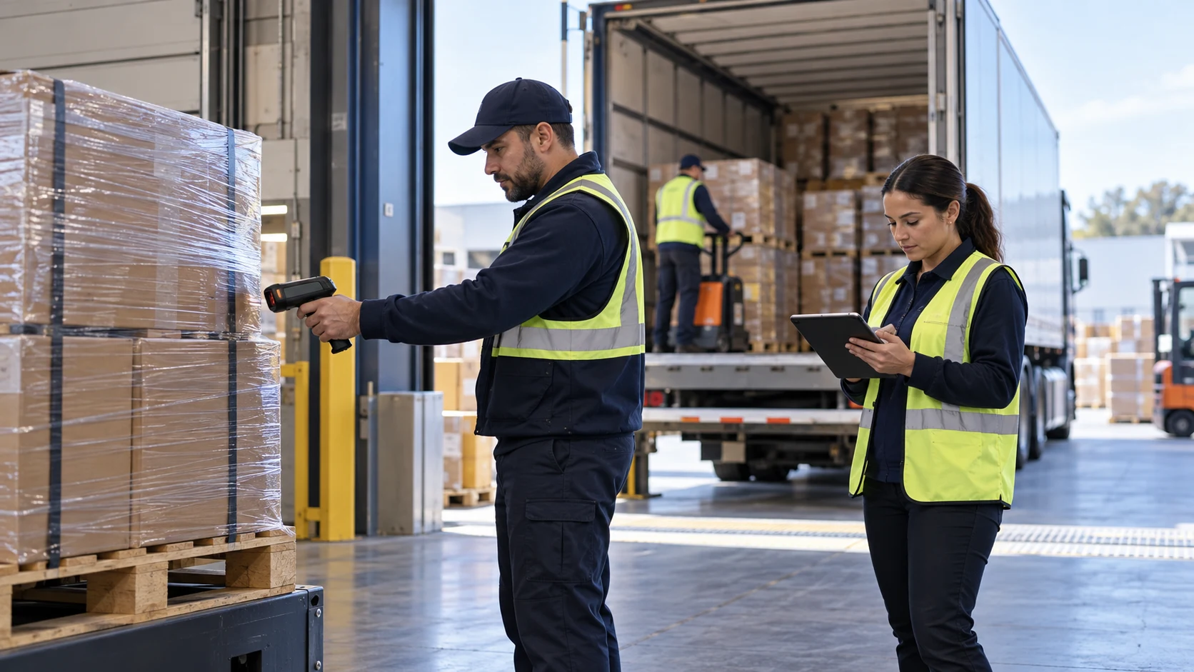 Escena conceptual de recepción de mercancía con verificación de inventario